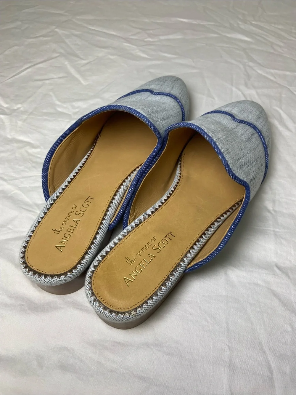 Angela Scott Light Blue Linen-Style Slip-On Mules with Navy Trim - Picture 2 of 4